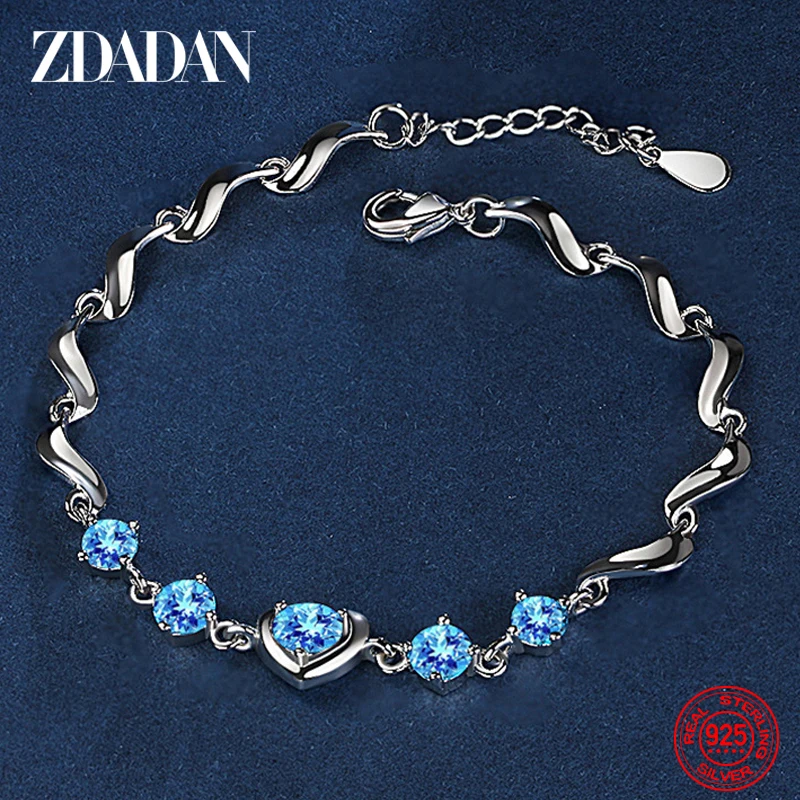 

ZDADAN 925 Sterling Silver Fashion Heart Blue Crystal Bracelet Chain For Women Wedding Jewelry Party Gift