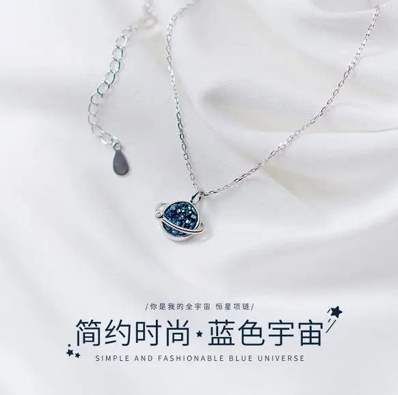 S925 Серебряное ожерелье подвеска Женская корейская мода короткая милая синяя