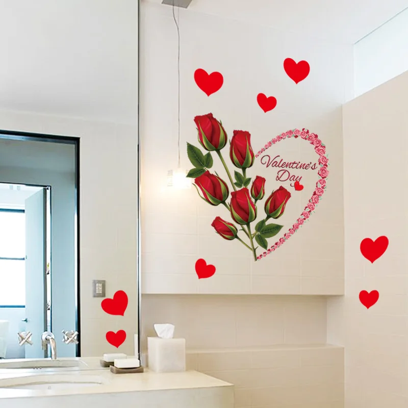 

Removable Romantic Love Red Roses Wall Sticker Flwers Heart-shaped Wedding Bedroom Decoration Window Door Home Decor Wall Art
