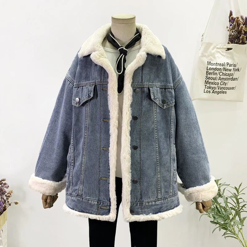

Winter Clothes Women Casual Faux Fur Patchwork Denim Jacket 2022 New Lapel Long Sleeve Plush Outwear Casual Female Fashion