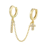 temperamental double ring chain earrings female double pierced earring buckle new style with diamond cross circle earrings
