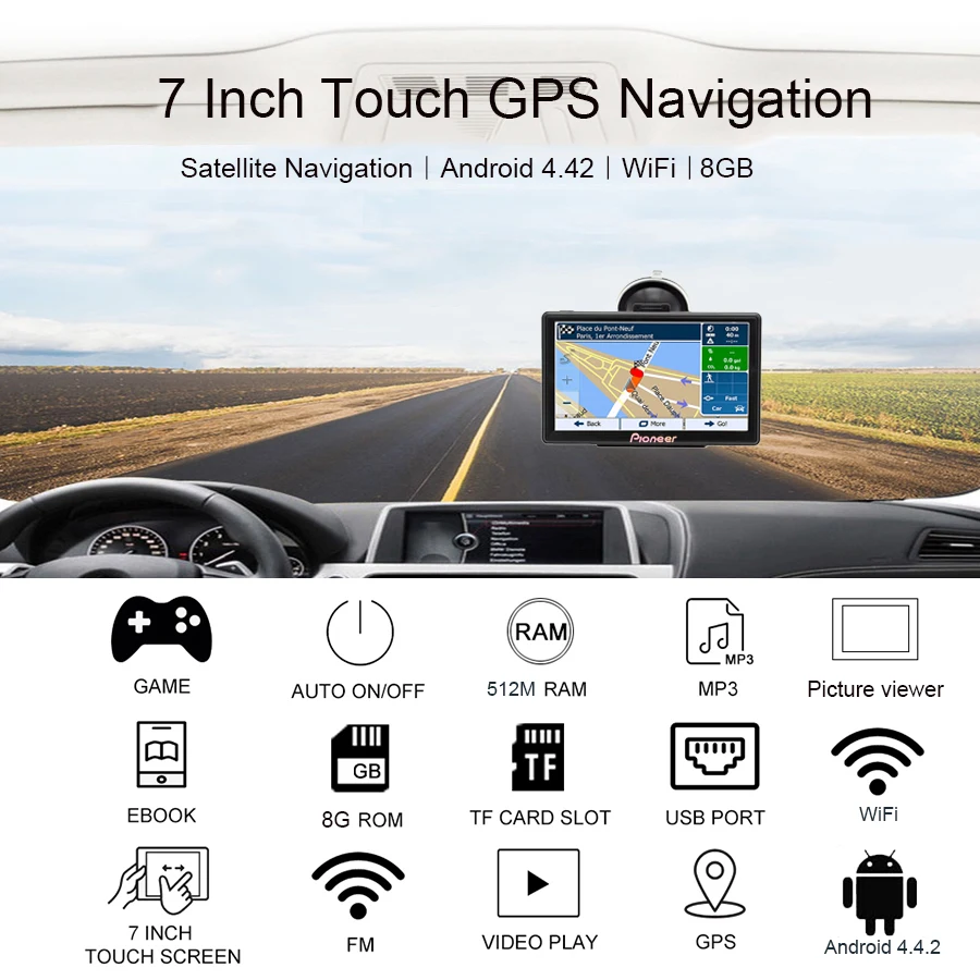 7 дюймовый емкостный экран DDR 512M ROM 8 ГБ Автомобильный GPS навигатор Android 4.4.2 WIFI