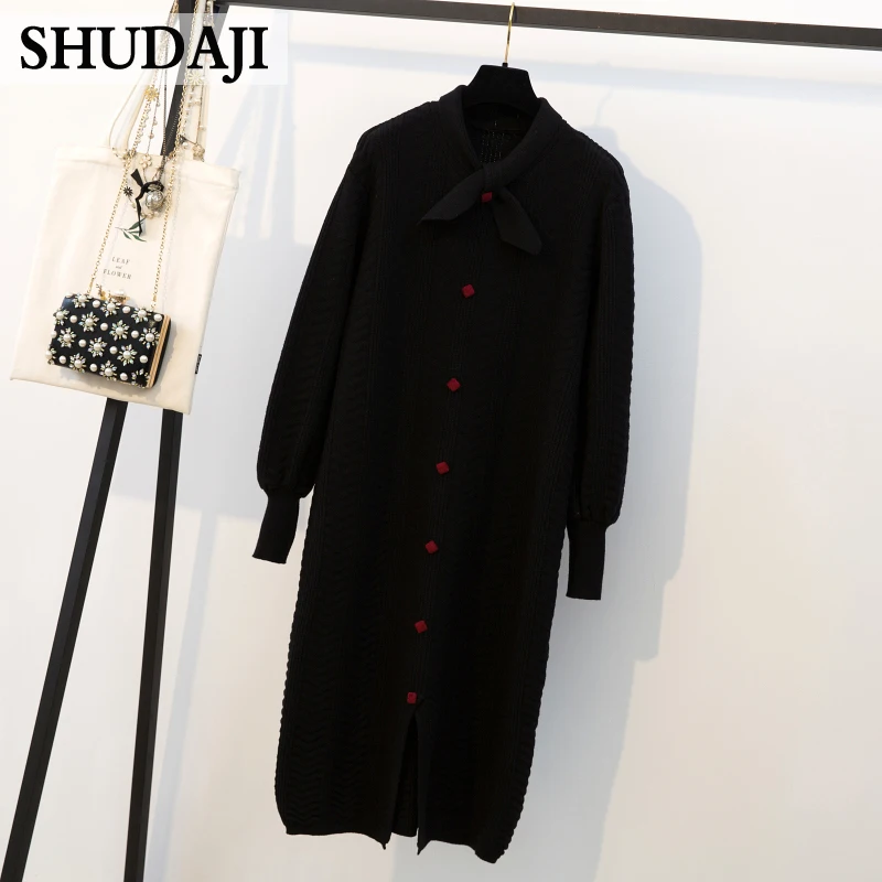 Женское трикотажное платье средней длины свободное большого размера с длинными