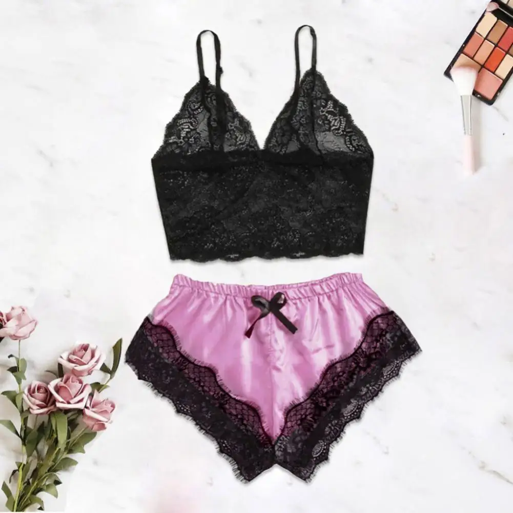 

Women Sexy Lace Solid Color Sleepwear See Through Sleepwear Set Camisole Elastic Bow Decor Shorts For Honeymoon Female Clothing