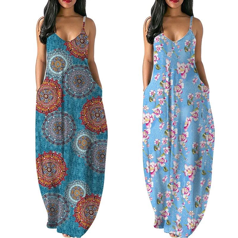

2021 Spring Women Loose Deep V Print Sexy Dress Large Big Printed Line Summer Boho Casual Party Elegant Dresses Plus Sizes