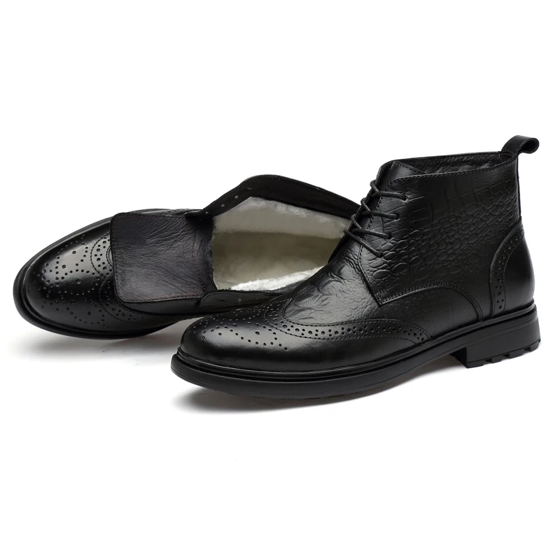 Мужские ботинки из натуральной кожи Теплые ботильоны на меху плюша Уличные