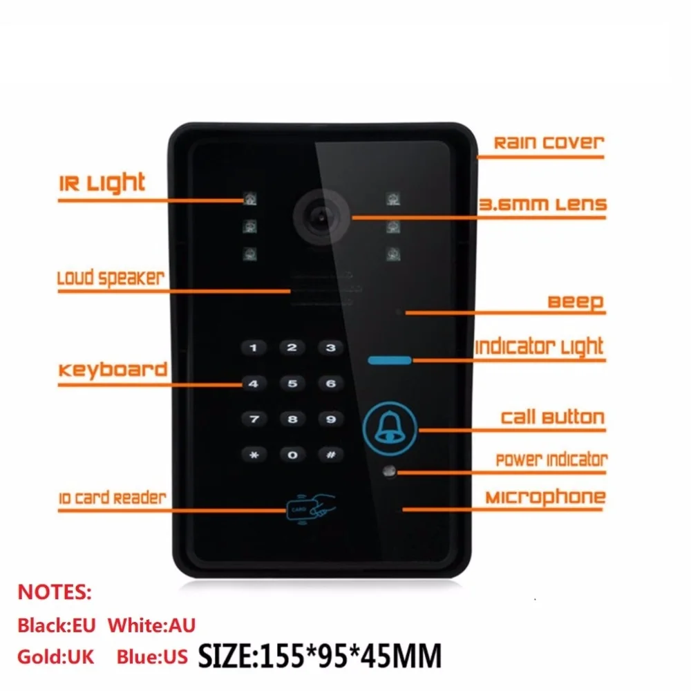 7 inch Color HD Touch Screen Wired RFID Password Video Door Phone Doorbell With IR Camera 200M Remote Control System Intercom |