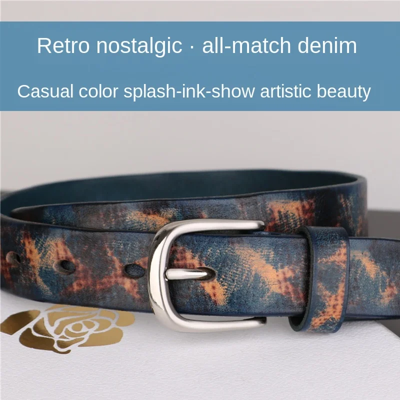 Belts for Women Luxury Designer Brand Personality Ink Hand-Painting Cowhide Leather Casual Fashion Wild Jeans Retro Belt