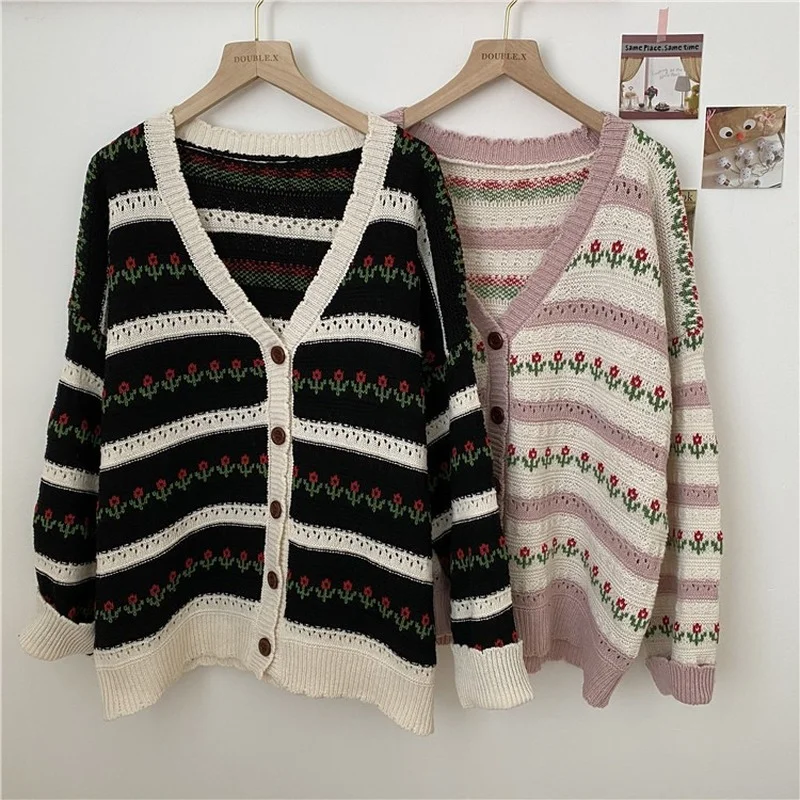 

Pink Cardigans Tops Korean Kawaii Cardigan Sweaters for Women Sweet Loose 2021 Flower Knitted Cardigan New Women Japanese Coats