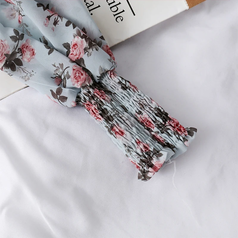 Summer Women Fashion V-neck Lantern Sleeve Tops Ruffles Shirts Sexy Ladies Sweet Retro Floral Chiffon Blouses Top Streetwear