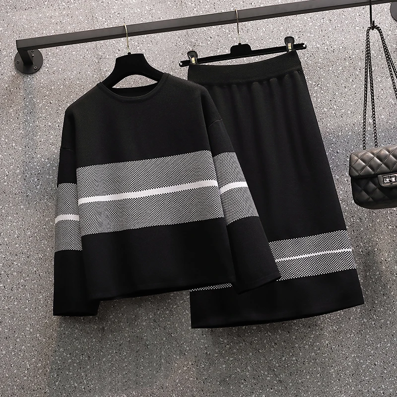 

New Autumn Women Fashion Designer Skirt Set Long Sleeve Striped Tops&High Waist Knee Skirt Knitting Skirts 2 Two Pieces Suits