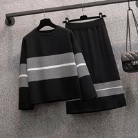 new autumn women fashion designer skirt set long sleeve striped topshigh waist knee skirt knitting skirts 2 two pieces suits