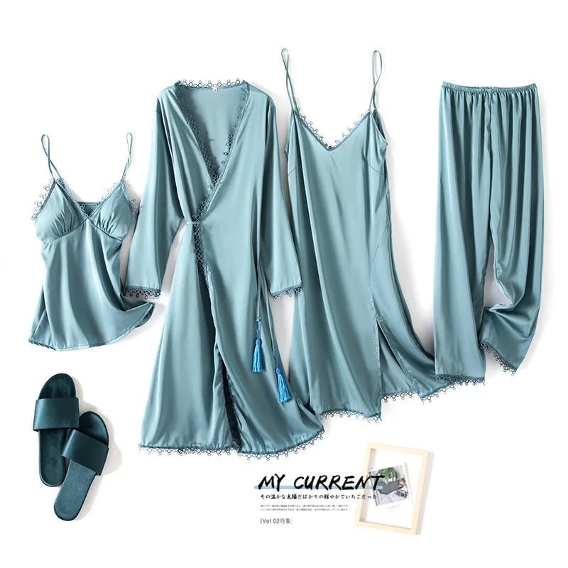 

Casual 4PCS Set Soft Kimono Bathrobe Gown Women Pajamas Set Silky Satin Sleepwear Sexy Pyjamas Intimate Lingerie With Tassel