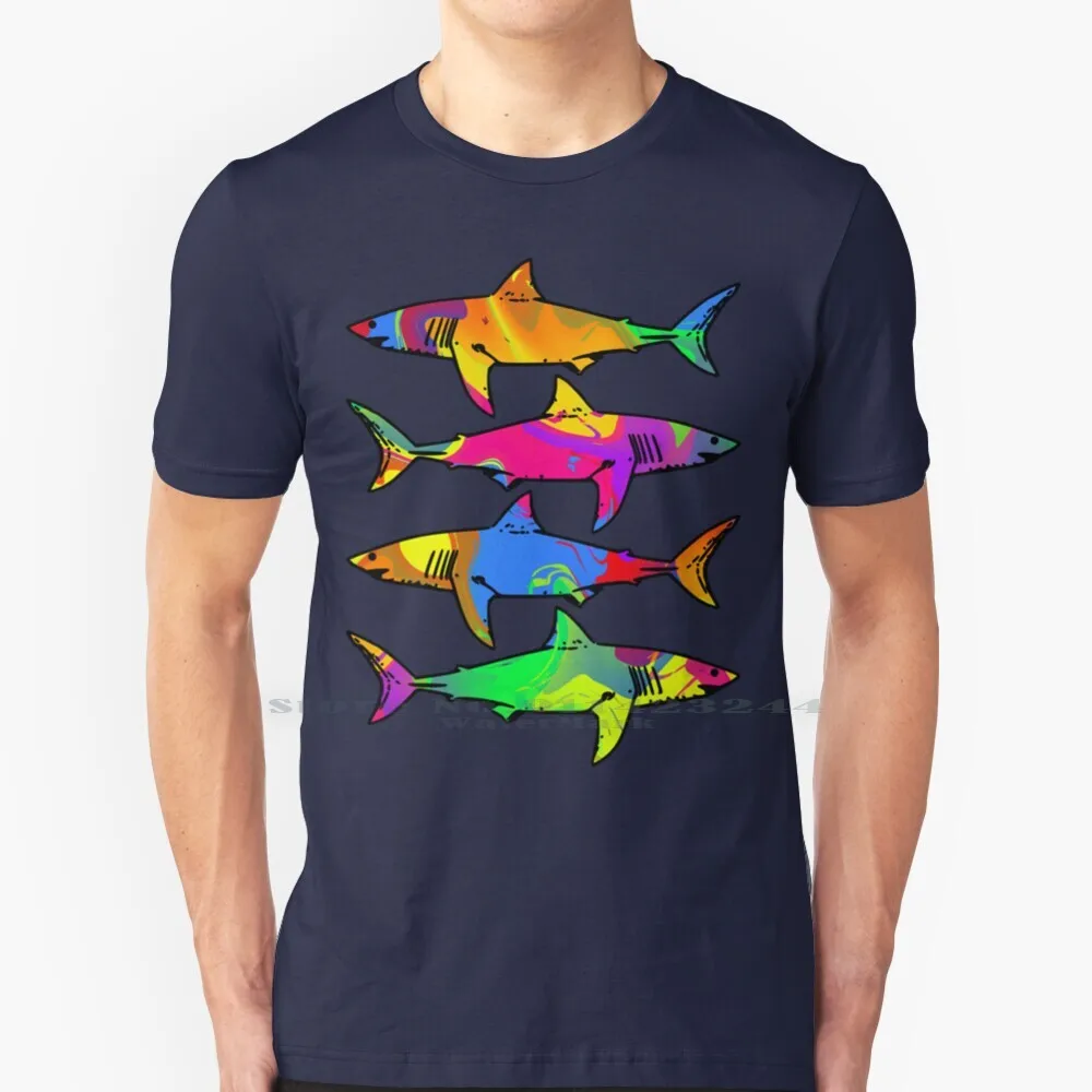 

Красочная футболка с акулами 100% чистый хлопок акулы красочные рыбы Тигр Акула Большой Белый Радуга цвета радуги