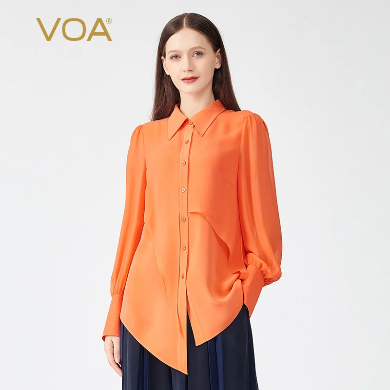 

VOA офисные женские рубашки поло с воротником, однотонные однобортные шелковые женские топы, рубашка из жоржета, блузки с длинным рукавом, пр...