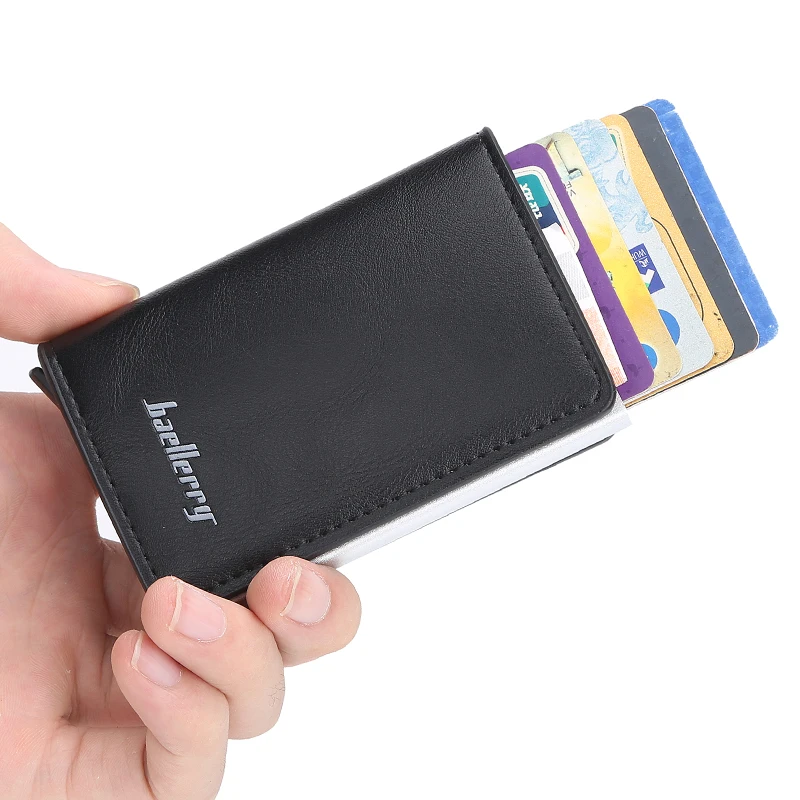 Бренд мужской держатель для кредитных карт RFID Блокировка PU кожа Автоматический Бизнес футляр для удостоверения личности Алюминиевый металлический мужской кошелек-сумочка для карт