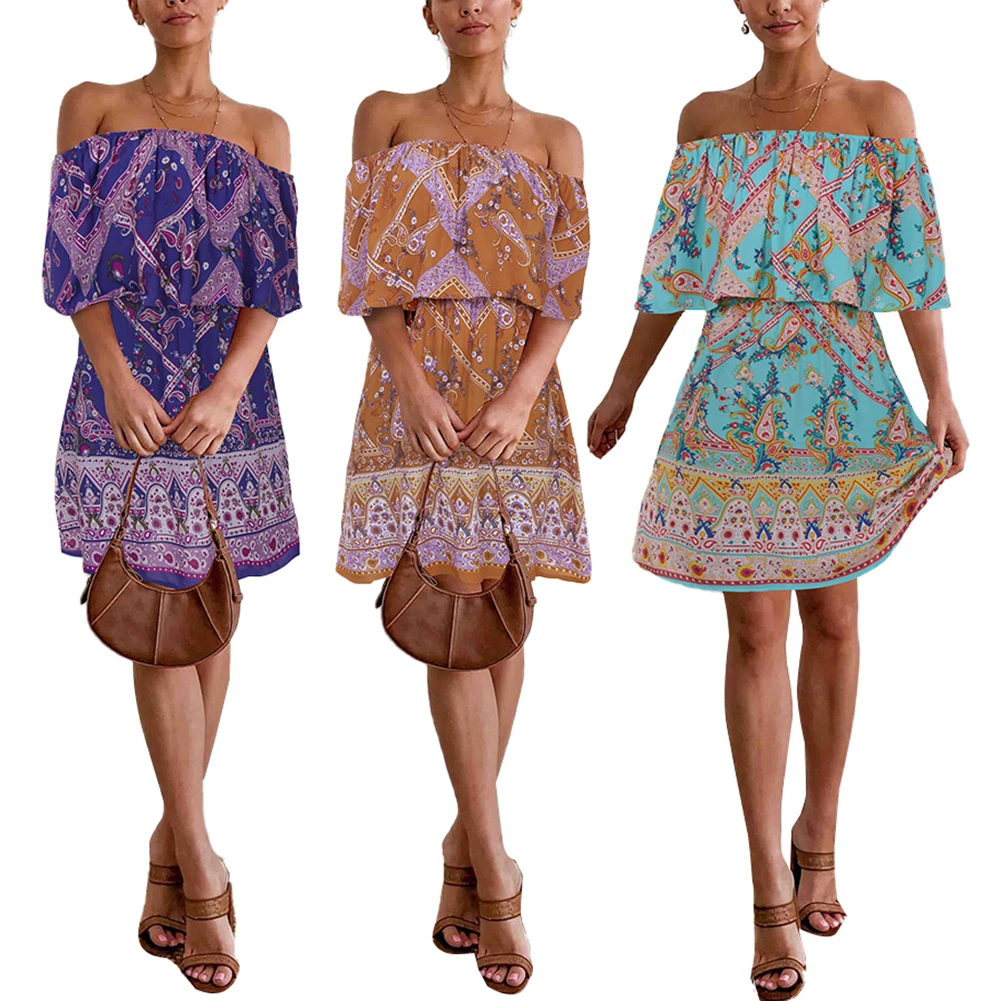 

2020 Summer Boho Women Off Shoulder Beach Casual Loose Dress Sundress