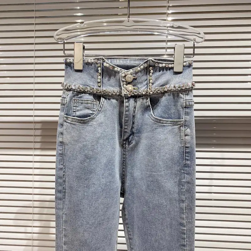 

2021 Spring Women's Rhinestone Pearl Button Embroidered Pencil Pants Cotton Elastic Causal Slim High Waist Jeans Denim Pants
