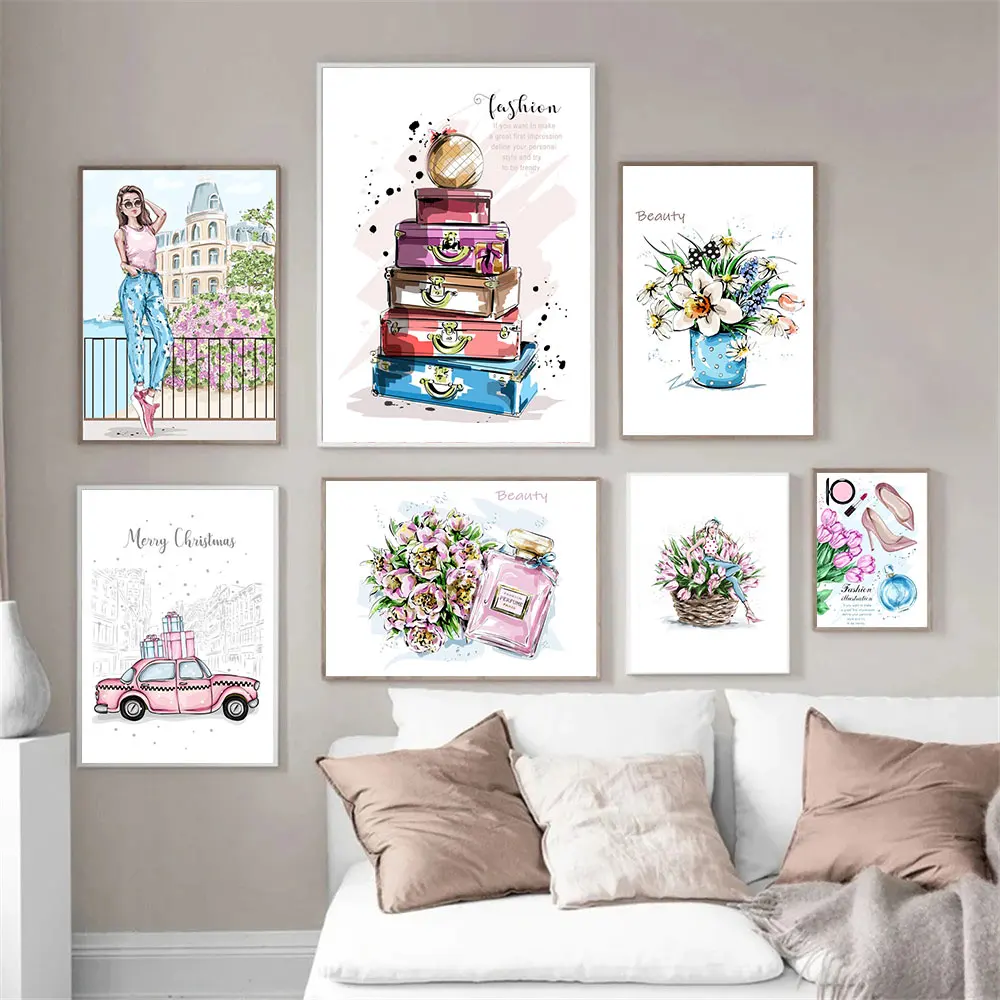 

Pink Car Poster Flower Canvas Painting Perfume Bottle Wall Art Print Fashion Girl Posters Wall Pictures Living Room Home Decor
