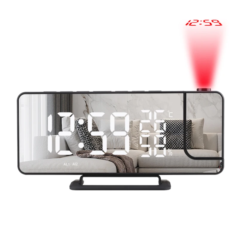 

LED Digital Projection Alarm Clock Mirror Display USB Table Watch FM Radio Temperature Humidity Meter Bedroom Time Snooze Clocks