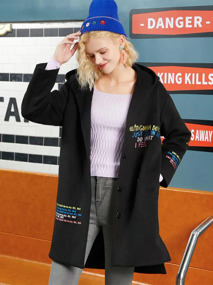 

2020 Winter Women Long Embroidery Ins Hooded Wool Coats