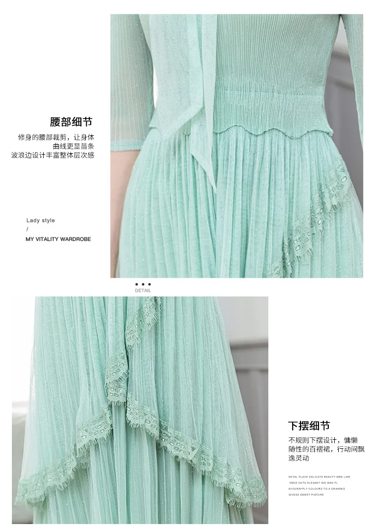 

New Dress Summer Women's 2020 New V-Neck Bow Glittering Mesh Patchwork Lace Elastic Miyake Pleated Slim Large Size Dresses Midi