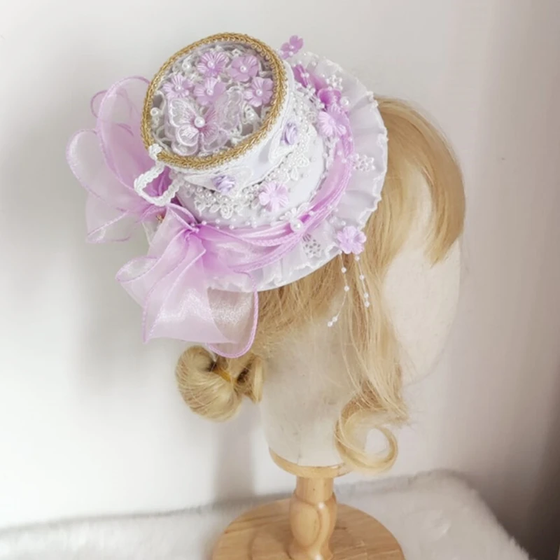 

Lolita Round Top Hat Ruffle Lace Hair Clip Cosplay Headwear Elegant Hat Hairpin Royal Style Anime Hair Accessories