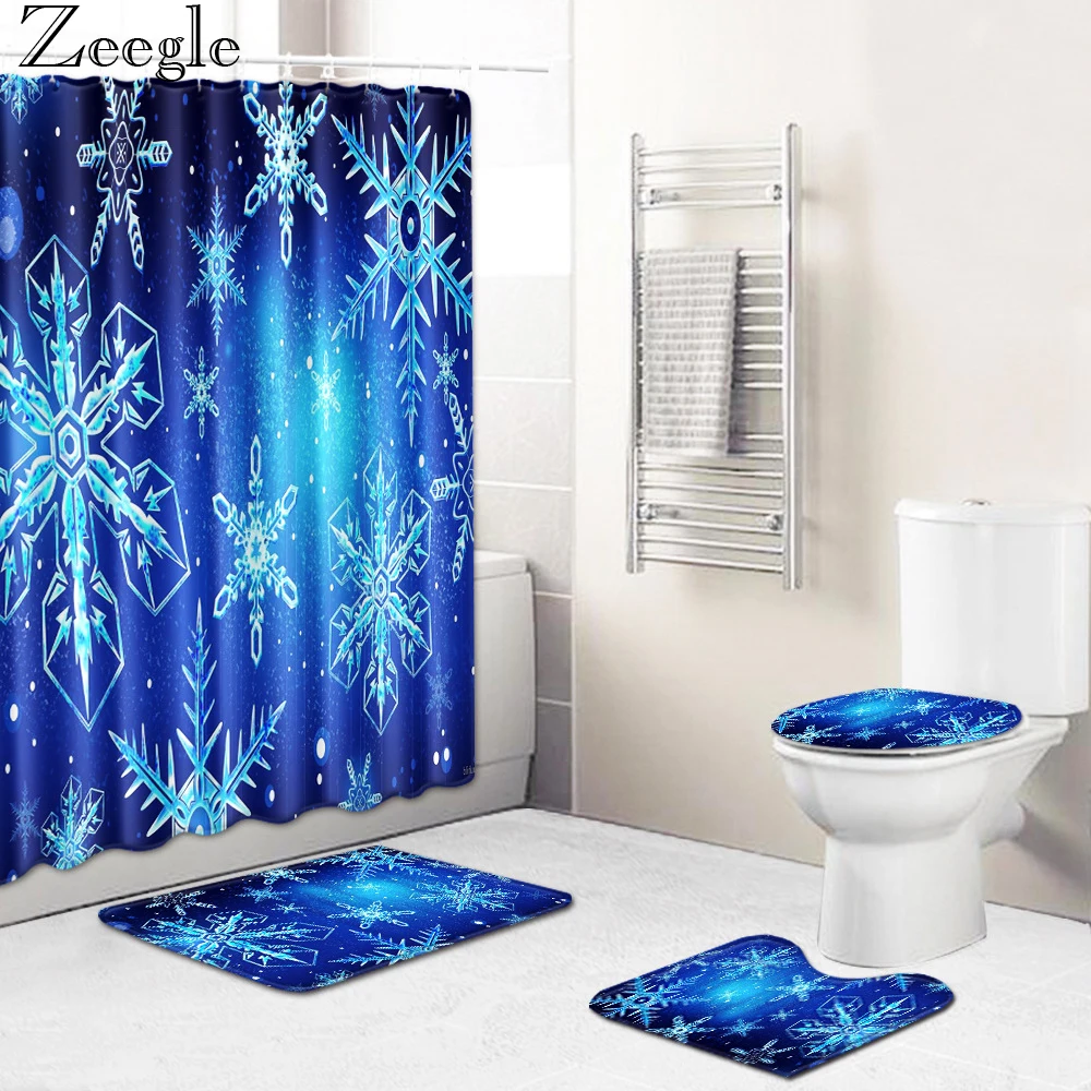 

Zeegle Christmas Bath Curtain Bathroom Carpet Set Anti-slip Bathroom Carpet Shower Mat Absorbent Toilet Rug Washable Foot Mat