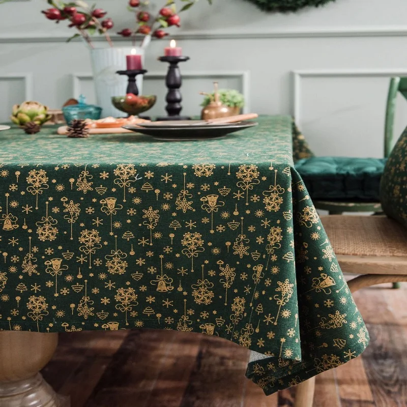 

Christmas Green Gilded Table Cloth Wind Chime Japanese-Style Printed Cotton And Linen Holiday Coffee Table Rectangular Cloth