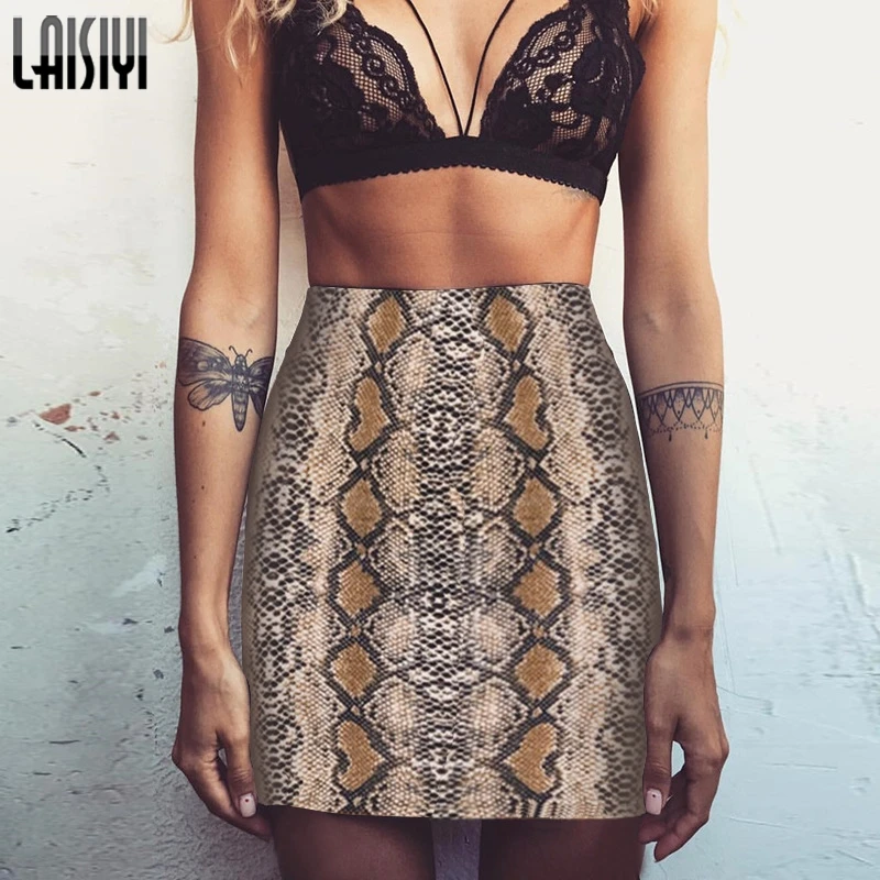 Skirt LAISIYI Мода Змея 2 комплект из двух предметов для женщин осень зима одно плечо укороченный топ Высокая талия юбка Сексуальная Клубная одежда костюмы с принтом - Цвет: Skirt