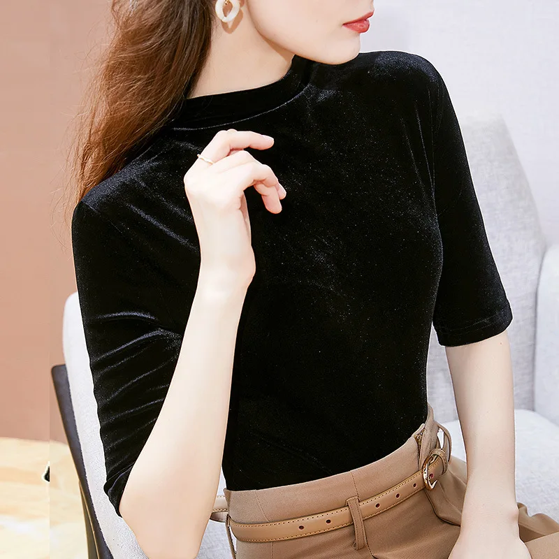 

Pleuche Tops New 2021 Autumn 1/2 Sleeve Solid Color Turtleneck Women's T-Shirt Plus Size M-4XL Women Clothing