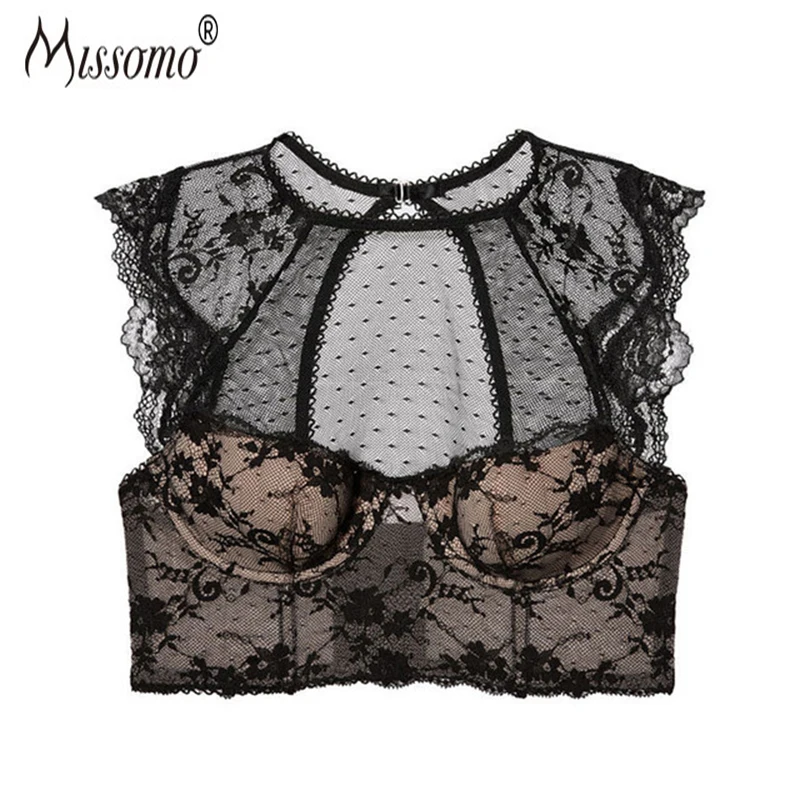 

Elovegirl Sexy Lace Perspective Seamless Bra Fashion Women's Openwork Back Carefully Vest Bra Chest Hanging Neck Plus Size Bra