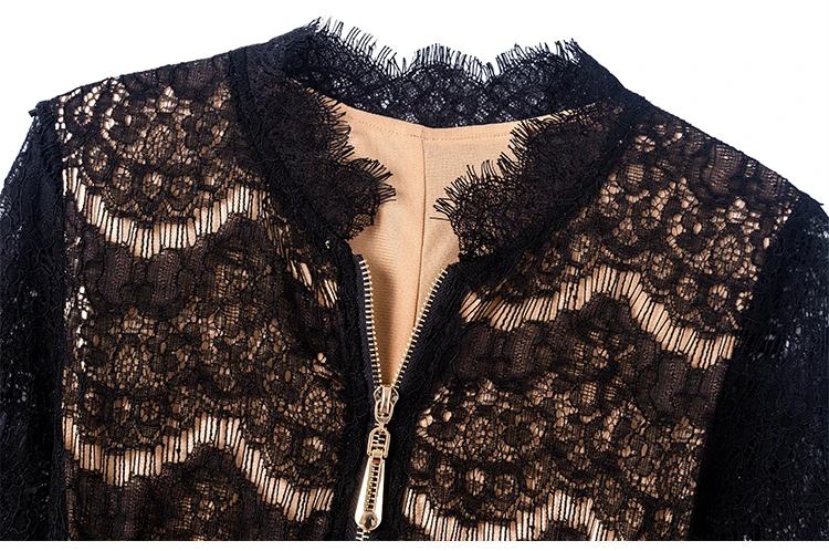 

BONJEAN Lace Patchwork Pleated Dress for Women 2019 Robe Femme Long Sleeve Autumn Dress High Waist Black Mini Dress BJ1547