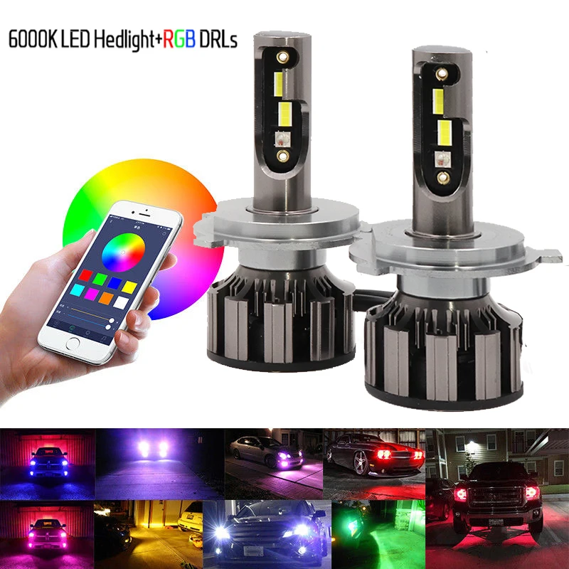 Pair H7 RGB LED Headlight H1 APP Bluetooth-Compatible Control H3 H4 H8 H11 Multi Colors LED Bulbs 9005 9006 For Camry Ford BMW