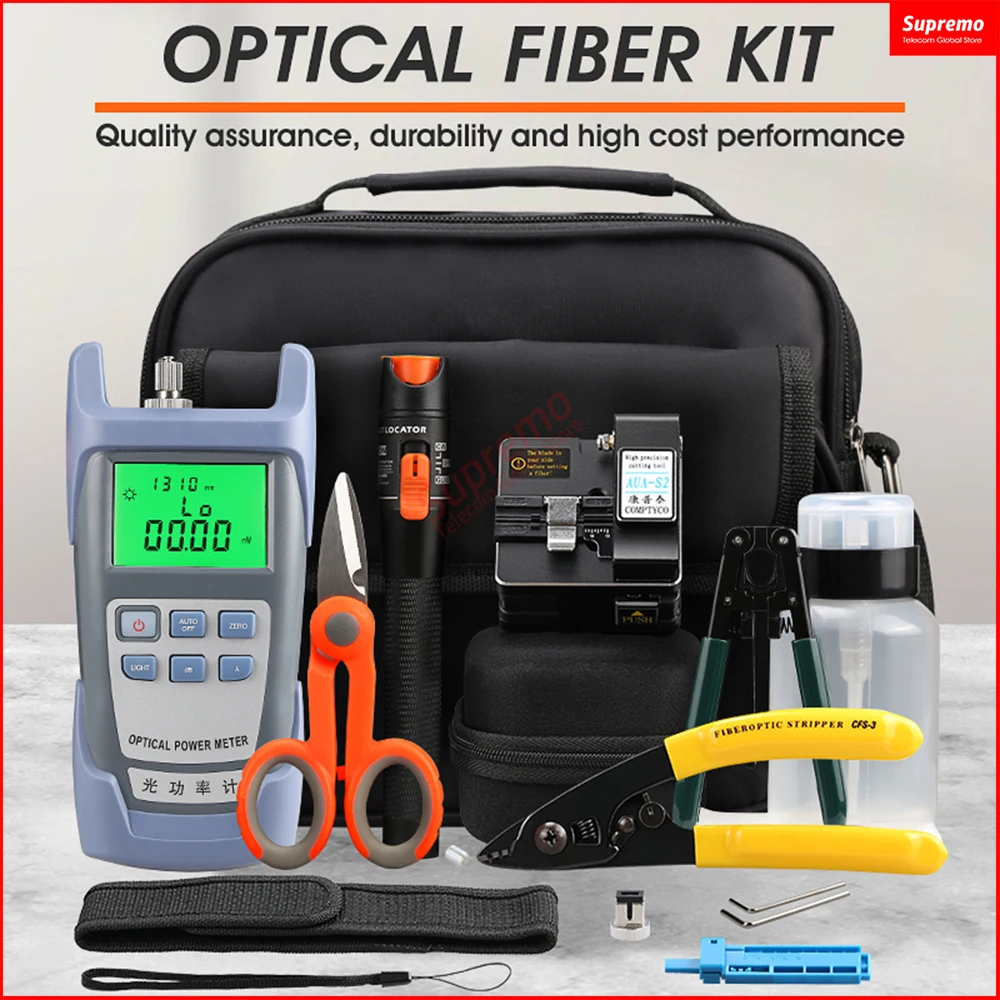 

FTTH Fiber Optic Tool Kit AUA-S2 Fiber Cleaver Optical Power Meter 10mw Visual Fault Locator with Stripping Pliers