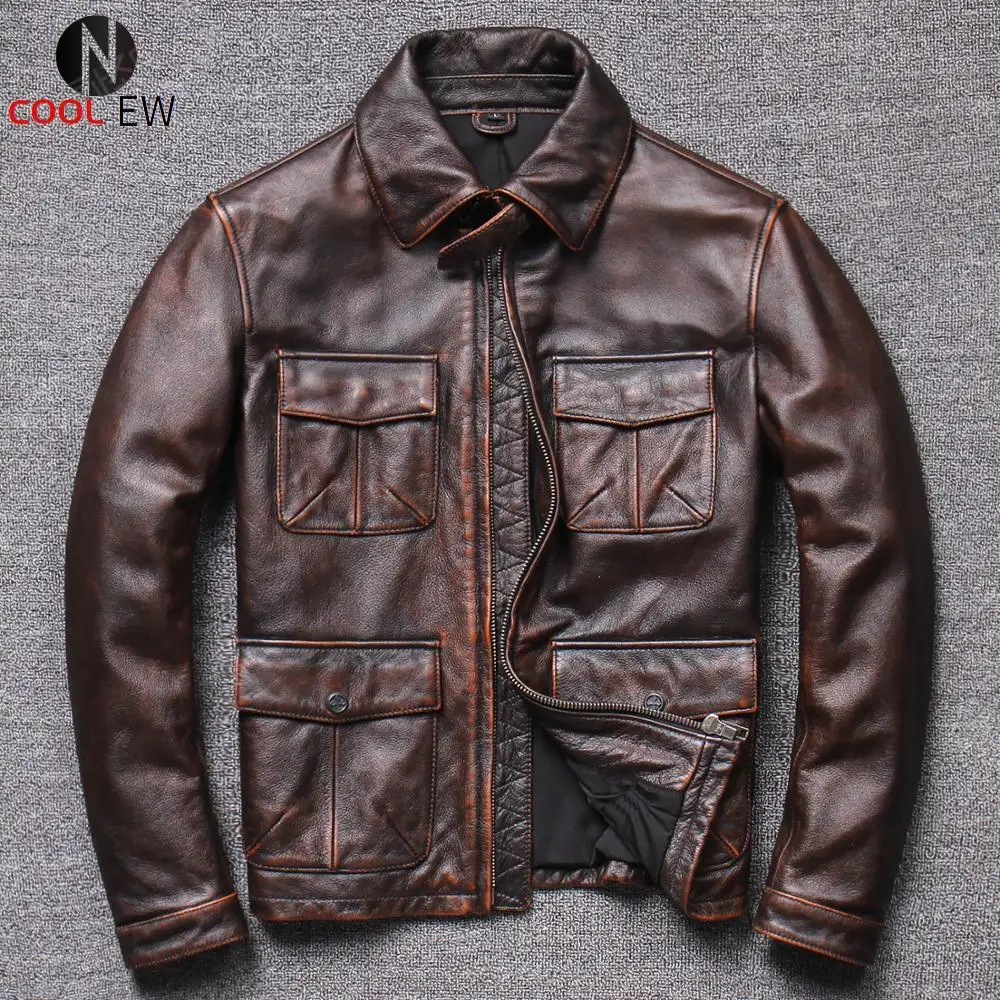 

Мужская винтажная кожаная куртка, коричневая приталенная куртка из натуральной воловьей кожи в стиле сафари, модель M65, осень 2021