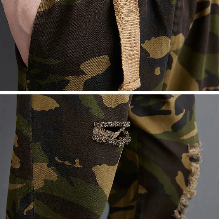 

Hole camouflage Harem Pants women's summer literature and art large size fat mm show thin nine point leisure high waist