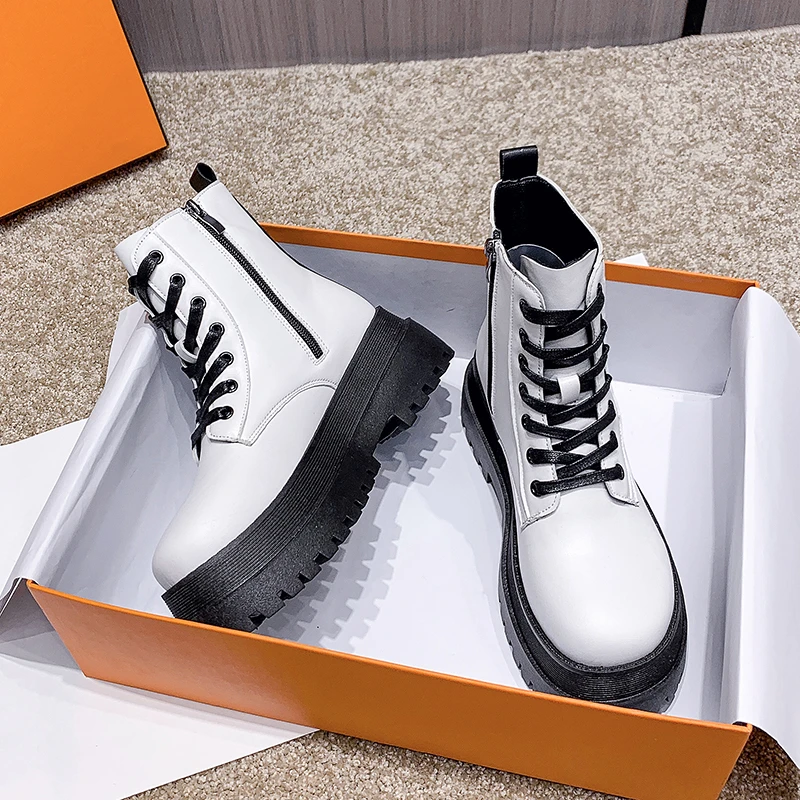 

2021 Autumn Womens Boots Winter Soft Leather Shoes Black Botas Wedges Female Lace Up Platforms Women White Botas Mujer