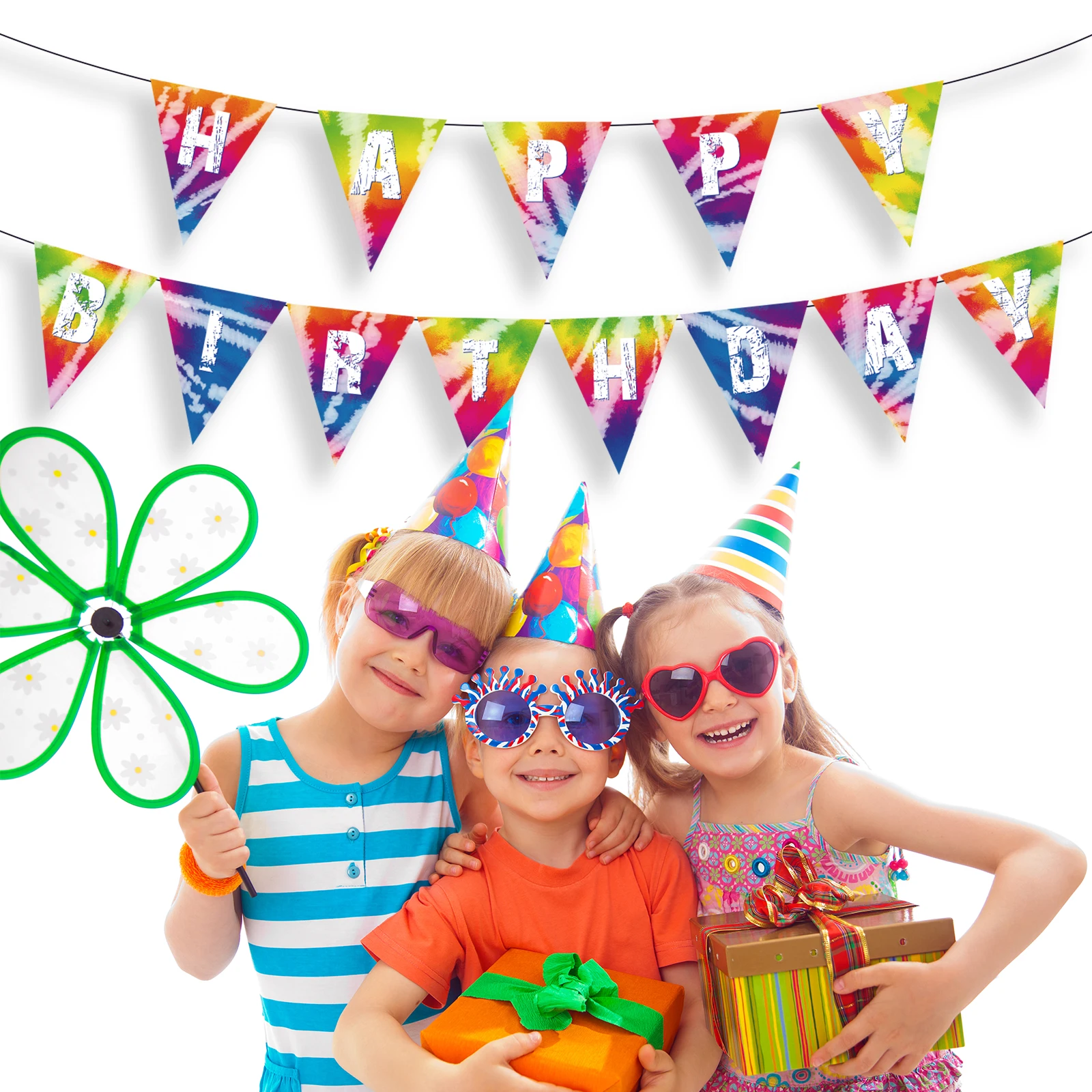 

BA277 Girls Birthday Carnival Tie Dye Theme Happy Birthday Banner Pennant Bunting Banner for Hippy Music Disco Party