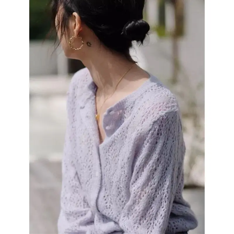 

Purple knitted cardigan women's thin 2021 new sunscreen blouse spring and summer coat short hollow top