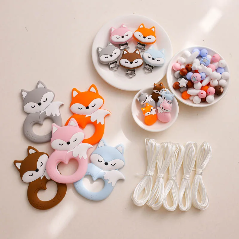 

1Set Silicone Baby Teether Pacifier Chain Clip Teething Beads Suit Nurse Chew Toys BPA Free Cartoon Fox Rainbow Air Ballon Set