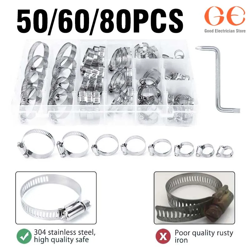 

80/60pcs / Box Mixed Packing Hose Collar Clip Stainless Steel Clamp 8-38mm Series Assembled