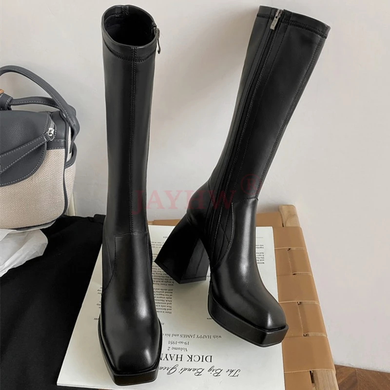 

JAYHW Autumn Winter New Women Genuine Leather Knee High Boots Platform Thick Heel Square Toe High Heel Zipper Ladies Long Boots