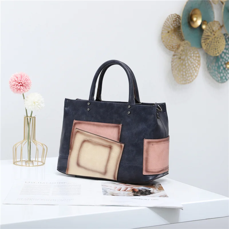 

2021 New Fashion Panelled Totes for Women Designer Brand Larger Capacity Split Leather Dating Handbags Sac De Luxe Femme Marque