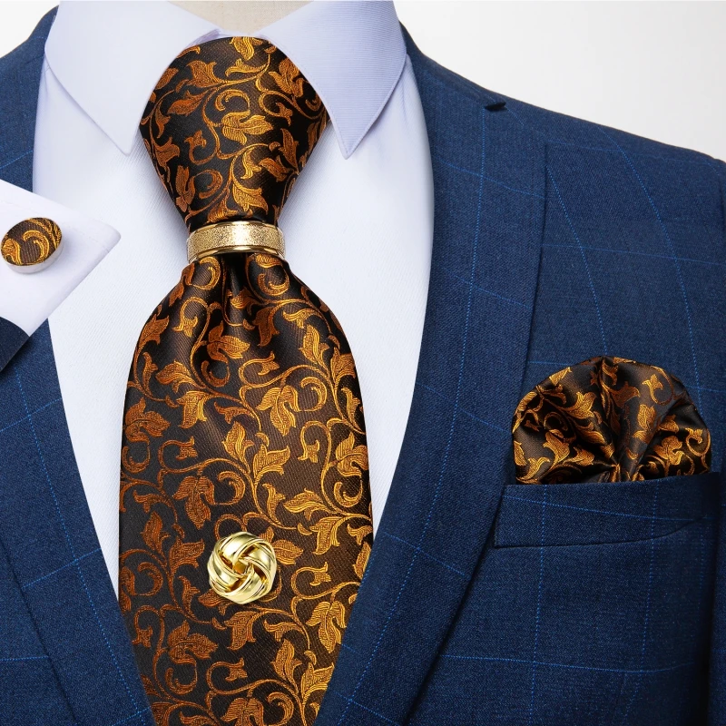 

Gold Floral Men's Neck Tie Handkerchief Cufflinks 8cm Width 100% Silk Tie For Men Wedding Party Accessories Cravat