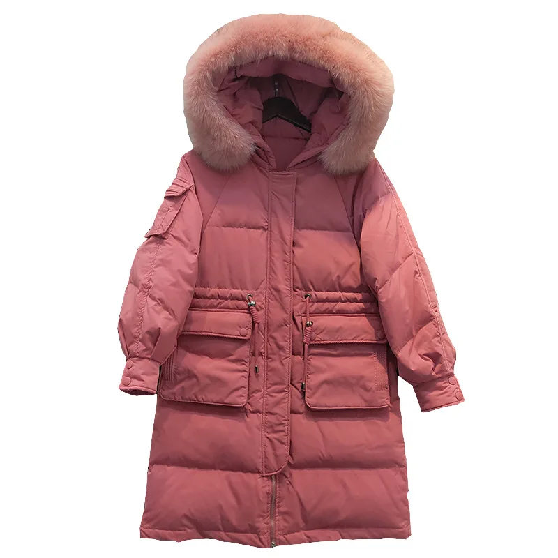 

down Long jacket whom the new 2020 heavy hair show thin white duck down led to collect waist bread loose fashion coat