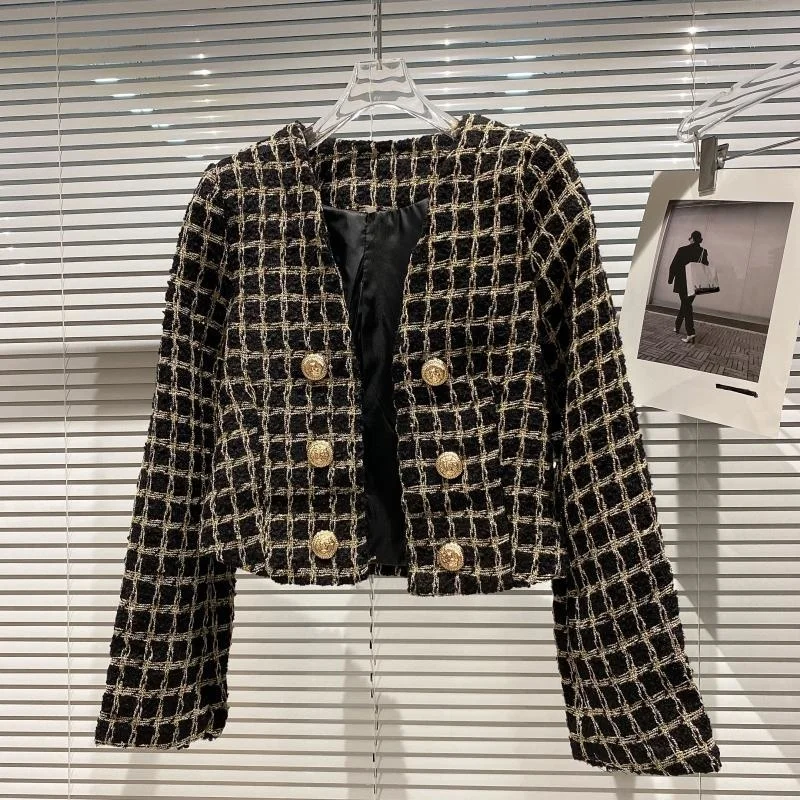 

Женская твидовая куртка из грубой твида с золотой проволокой, новый стиль осени 2021, маленькая парная сетчатая куртка