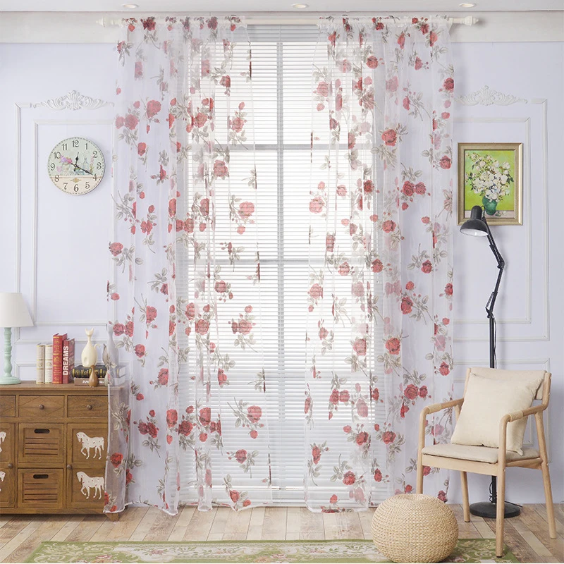 

Rose Pattern Flower Curtains Pastoral Window Screen Window Valance Rod Pocket Living Room Home Balcony Vertical Drap Gauze Curta