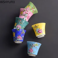 4 pcsset jingdezhen exquisite ceramic teacup hand painted flowers and birds enamel tea set travel portable tea bowl master cup
