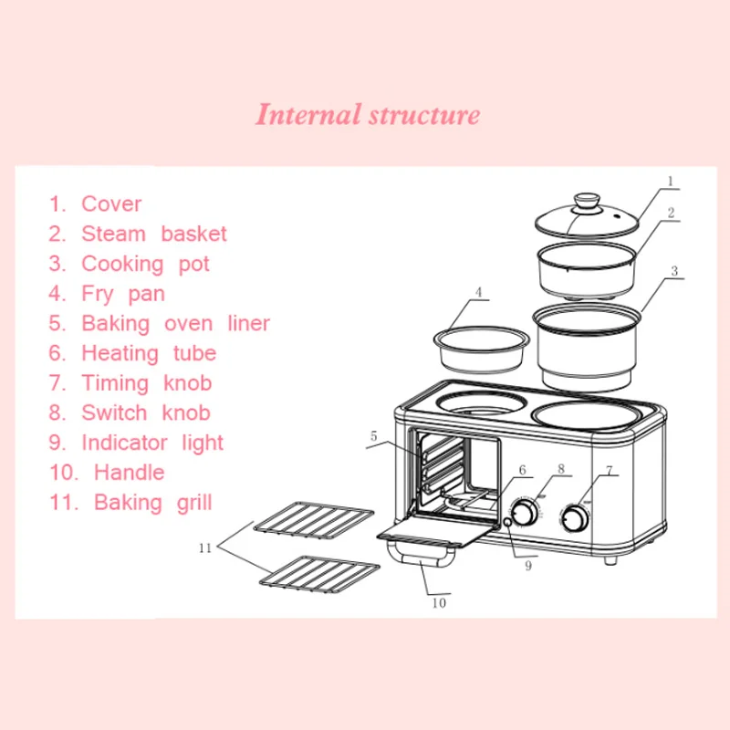 Electric 3 in 1 Household Breakfast machine mini bread toaster baking oven omelette fry pan hot pot boiler food steamer | Бытовая